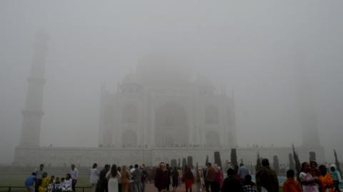 India's most popular tourist destination the Taj Mahal was hidden behind a cloud of smog on Thursday. 