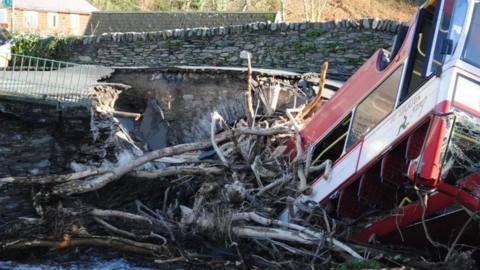 A huge cavity in a stone road bridge with a lot of tree branches engulfing an upside down red and white double decker bus to the right. 
