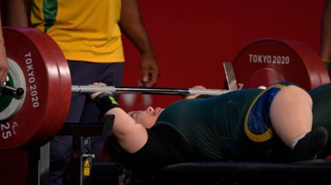 Brazilian powerlifter Mariana D'Andrea in action at the Tokyo Paralympics