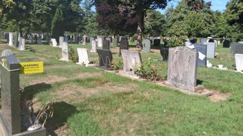 A cemetery with gravestones. The gravestones are in rows, with grass all around, and trees in the background.