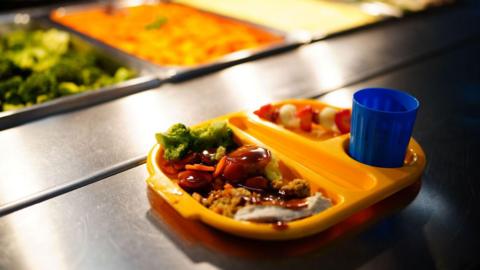 A school dinner on a yellow plastic tray with a blue plastic cup on a counter next to trays of food.