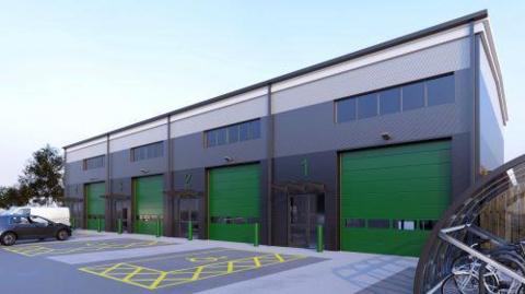 An artist's impression of four business units with green garage doors. Parking spaces are in front with yellow disabled markings on them.