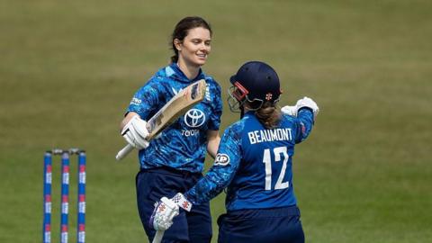 England batters Amy Jones and Tammy Beaumont celebrate hundreds v West Indies 