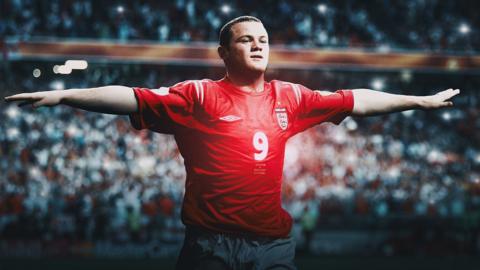 Wayne Rooney in a red England football shirt 