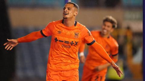 Ali Al-Hamadi of Ipswich Town celebrates his goal to make it 0-4 during the Sky Bet Championship match between Millwall and Ipswich Town at The Den on February 14, 2024 in London, England