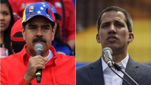 President Nicolas Maduro of Venezuela and opposition leader Juan Gaido giving speeches at rival rallies in Caracas, 2 February 2019.