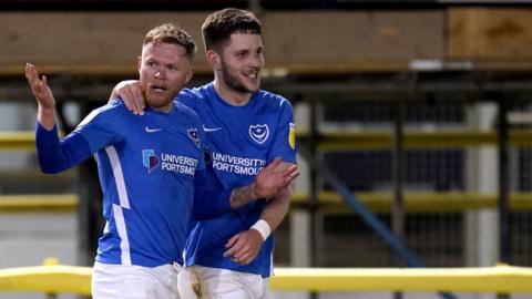 Portsmouth's Aiden O'Brien (left) celebrates with team-mate George Hirst after scoring their side's third goal