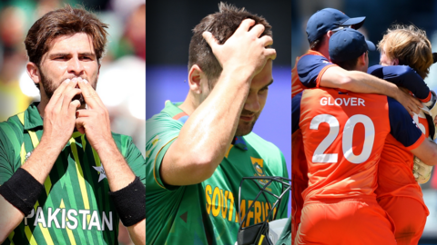 Left to right: Shaheen Afridi of Pakistan celebrates, South Africa's Rilee Roussouw looks dejected and Netherlands celebrate
