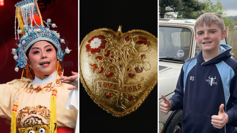 Three images side by side - on the left: A performer in a traditional Chinese opera costume stands on a stage with bright lighting overhead. The outfit includes a cream robe decorated with patterns. The backdrop is red with festival branding faintly visible behind the performer.; in the middle: A small heart-shaped pendant made of gold, bearing red and white floral detail and the inscription "Tovs Iors"; on the right: A 10 year old boy standing in front of an old cream-coloured mini with rust visible.