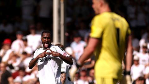 Issa Diop celebrates after scoring for Fulham against Newcastle United at Craven Cottage on 24 May, 2026
