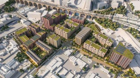 CGI image of the future of Stockport town centre. The image shows new homes beside the town's brick railway viaduct.