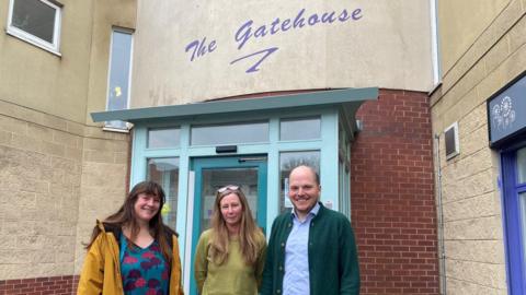 Hannah Tweddell (Civic Engagement Manager for the Hartcliffe Micro-campus), Lisa Mundy (Strategic Director – Internal Operations for HWV) and Professor Tom Sperlinger (Academic Lead for Engagement at the Temple Quarter Enterprise Campus) outside the Gatehouse Centre in Hartcliffe.