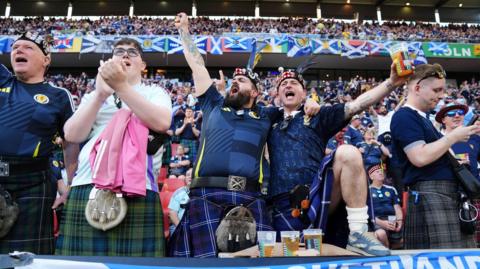 Scotland fans, some wearing kilts, in a stadium and singing during a game in 2024.