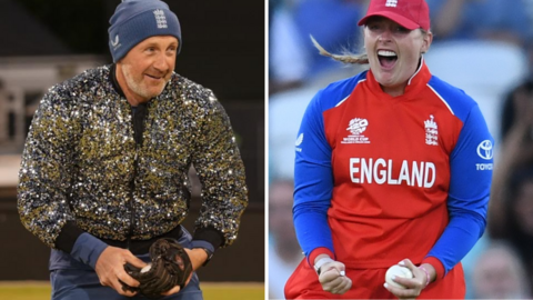 Split image of England's fielding coach in a sparkly jacket and Sophie Ecclestone roaring with delight after a catch
