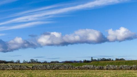 Bright blue sky with a line of white across with trees and a field below