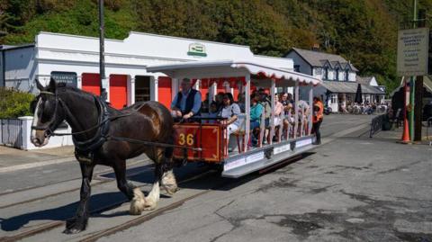 A dark brown horse with a white face and three white feet pulling a red and white open-sided tram out of the terminus in Douglas with the tram sheds behind. The tram is full of passengers and the driver is wearing a blue shirt and dark waistcoat.