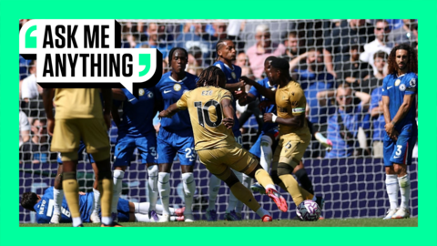 Eberechi Eze strikes a free-kick against Chelsea - inside Ask Me Anything branding.