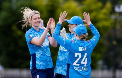 Lauren Bell celebrates a wicket