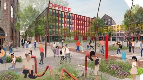 An computer-generated image of a number of people standing and sitting in a town centre filled with gardens and surrounded by buildings. 