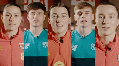 Ffion Morgan, Rubin Colwill, Angharad James-Turner, Dylan Lawlor a Carrie Jones - yn fideo hyrwyddo neges heddwch yr Urdd eleni