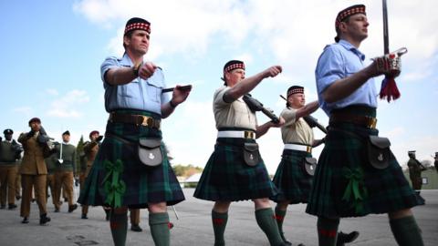 Soldiers from the Royal Regiment of Scotland 4 Scots (the Highlanders) rehearsing for the Duke of Edinburgh's funeral on the Drill Square at the Army Training Centre Pirbright in Woking, Surrey