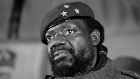 In this file photo taken on June 1, 1985 Angolan rebel chief Jonas Savimbi addresses soldiers in Jamb