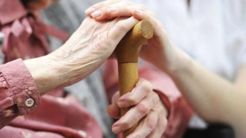 Elderly person holding walking stick