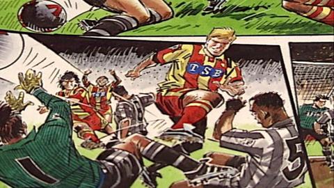 An image from the comic showing Roy scoring a goal