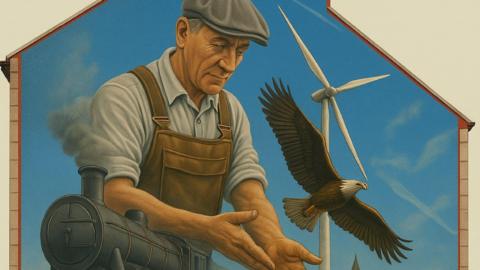 An illustration showing a worker in a flatcap , a wind farm, an eagle and a steam train 