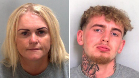 A composite image of Hollie Dance and Thomas Summers. Both are in police custody and wearing grey sweaters. Dance has shoulder-length blonde hair. Summers has curly blonde hair and a neck tattoo.