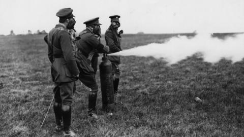 October 1919: Russian officers release gas during gas attack training at Newmarket.