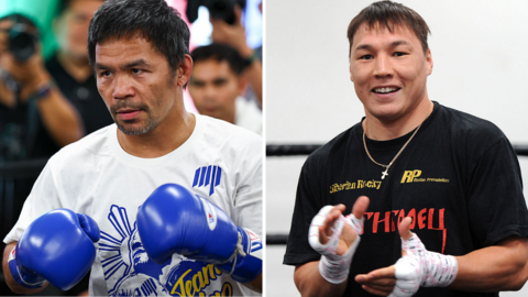 Manny Pacquiao on the left is wearing a white T-shirt and holding up his hands in blue boxing gloves. Ruslan Provodnikov is wearing a black T-shirt and clapping his hands