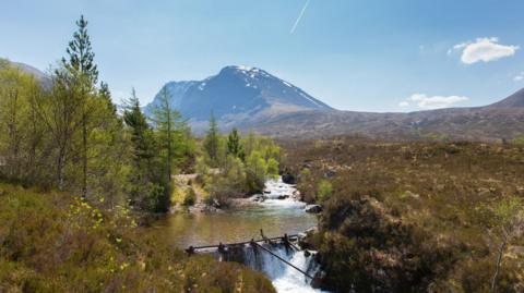 A picture of Ben Nevis on a summer day. In the foreground is a river and trees.