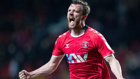 Alex Gilbey celebrates scoring for Charlton against Gillingham