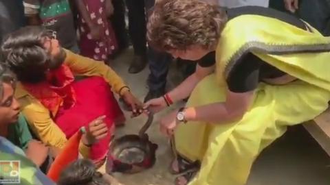 Priyanka Gandhi with a snake in Uttar Pradesh