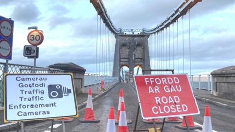 Menai Bridge with closure signage