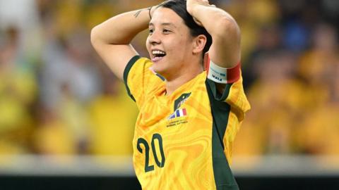 Sam Kerr reacts to beating France in the quarter-finals