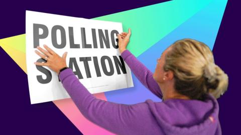 Woman puts up a polling station sign.