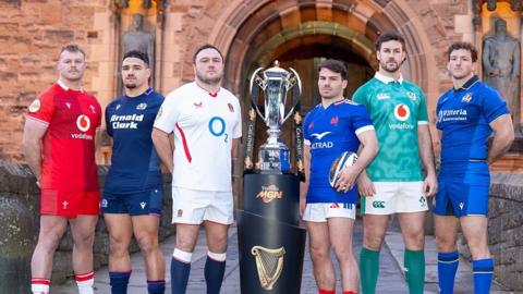 Six Nations captains from left to right - Wales' Dewi Lake, Scotland's Sione Tuipulotu, England's Jamie George, France's Antoine Dupont, Ireland's Caelan Doris, and Italy's Michele Lamaro
