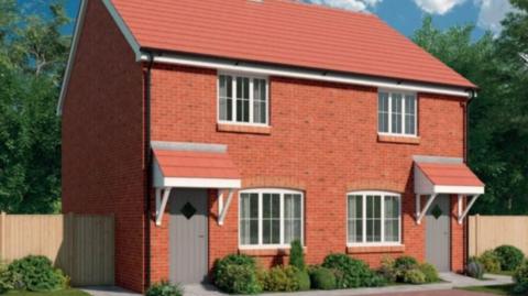 A computer-generated image of two semi-detached two-storey homes built with red brick. Each home has a grey front door under a red-tiled awning. Bushes adorn a pathway in front of the building.