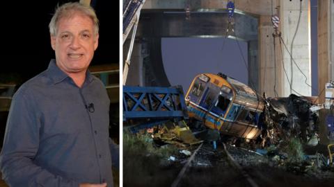 Composite image showing BBC correspondent Jonathan Head on the left and site of derailed train on the right
