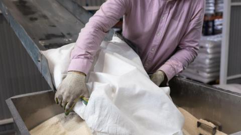 A worker pours a bag of sugar onto a conveyor line for further processing