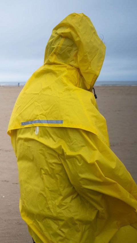 A person has their back to the camera, wearing a bright yellow raincoat with the hood up. It looks windy and the person is standing on a sandy beach.