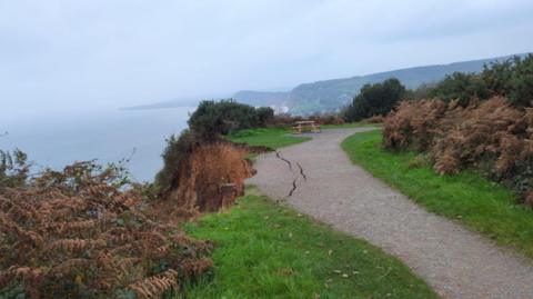 Part of a pathway has cracked and collapsed. Grass verges line the gravel pathway which weaves along the cliff edge. A picnic bench is located next to the edge. A large chunk of the path has disappeared over the cliff. A large crack can be seen in the gravel. 