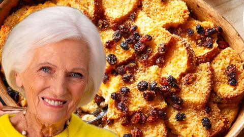 An image of Mary Berry, edited onto a photo of a bread and butter pudding. BBC/Sidney Street Productions/ ©Banijay UK/Craig Harman