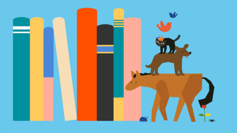 Illustration of books, next to illustrated horse, dog, cat and two birds stacked on top of each other.