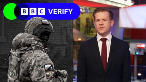 Composite image of a Russian soldiers in Kursk on the left and BBC Verify presenter Nick Eardley on the right. 