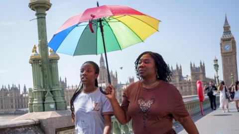 Two women walk with a rainbow umbrella across Westminster Bridge