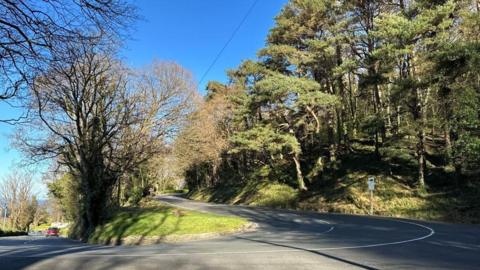 The road at Ramsey Hairpin which doubles back on itself. There are trees casting shadows on either side of the road.
