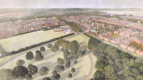 An animated drawing, showing a birds eye view of what the development could look like. There is a park or field in the foreground, with trees dotted around. In the background are modern and uniform looking houses and apartment buildings.